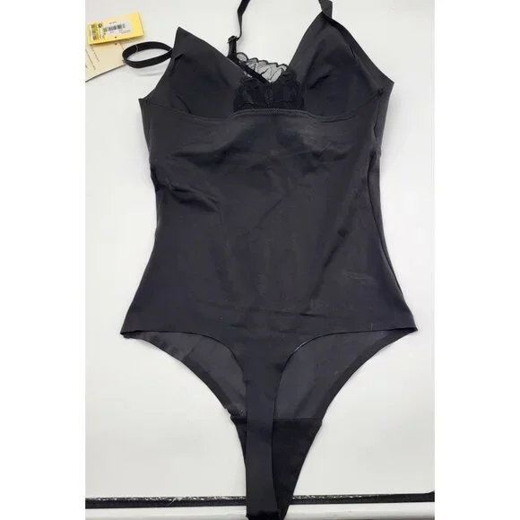 True & Co SZ Small Black V Neck Soft Lace Racerback Bodysuit Thong Wire Free - Picture 2 of 8